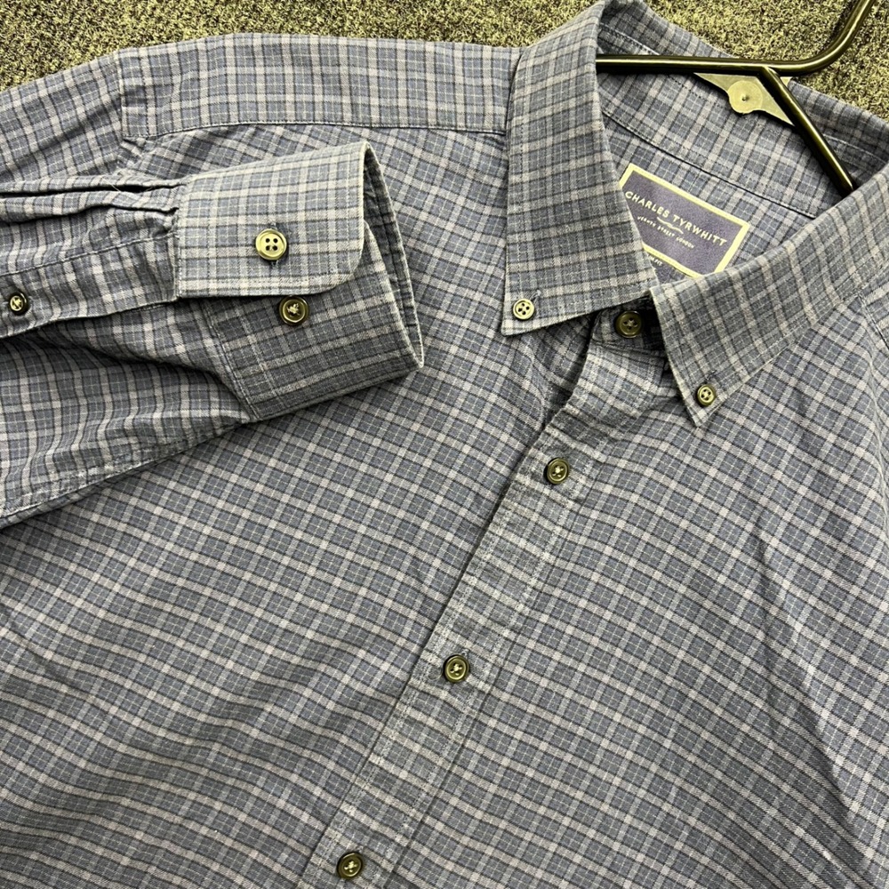 Charles Tyrwhitt Mens Slim Fit Button Down Shirt Large Blue Grey Plaid Cotton
